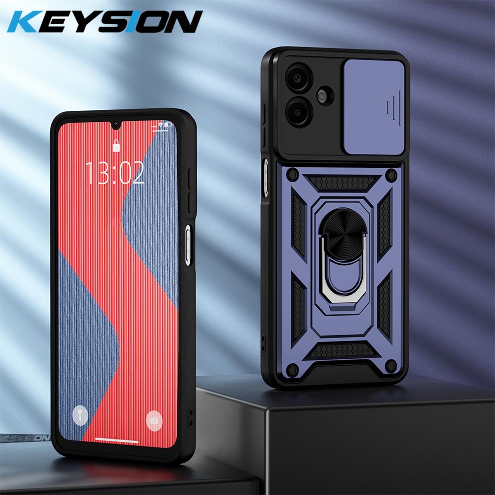 

KEYSION Противоударный бронированный чехол для Samsung A07 4G Силикон+ПК Сдвижная защита объектива камеры Кольцо-подставка Чехол для телефона для Galaxy A07 for Samsung A07 синий