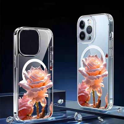 Rosa Ros Magnetiskt Genomskinligt Fodral för iPhone 15/16/17 Pro Max – Full Täckning