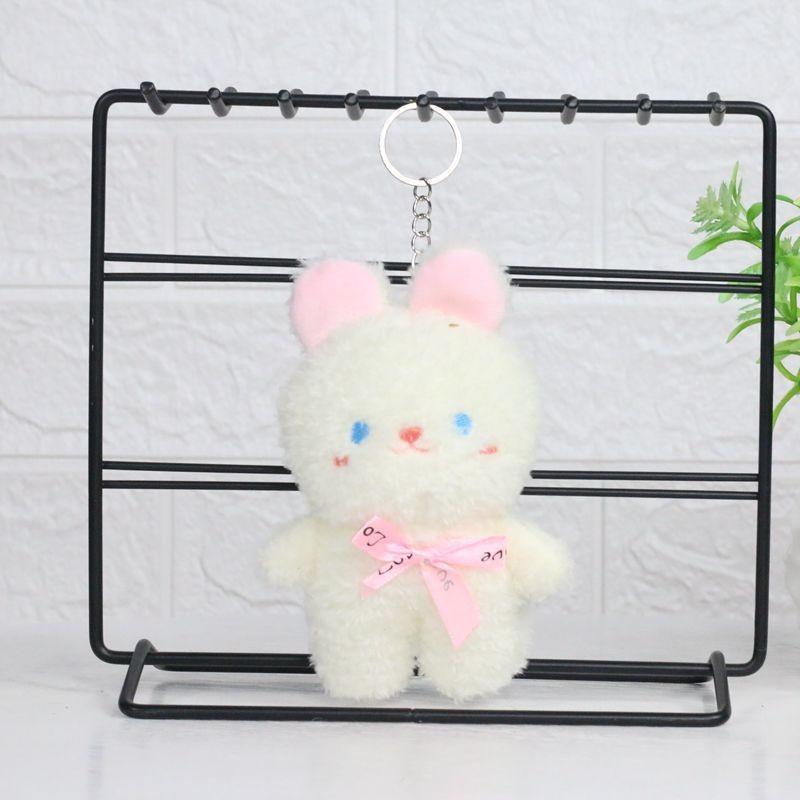 Cute Fluffy Bunny Plush Keychain Adorable Rabbit Doll Short Plush Stuffed Toy Scarf White