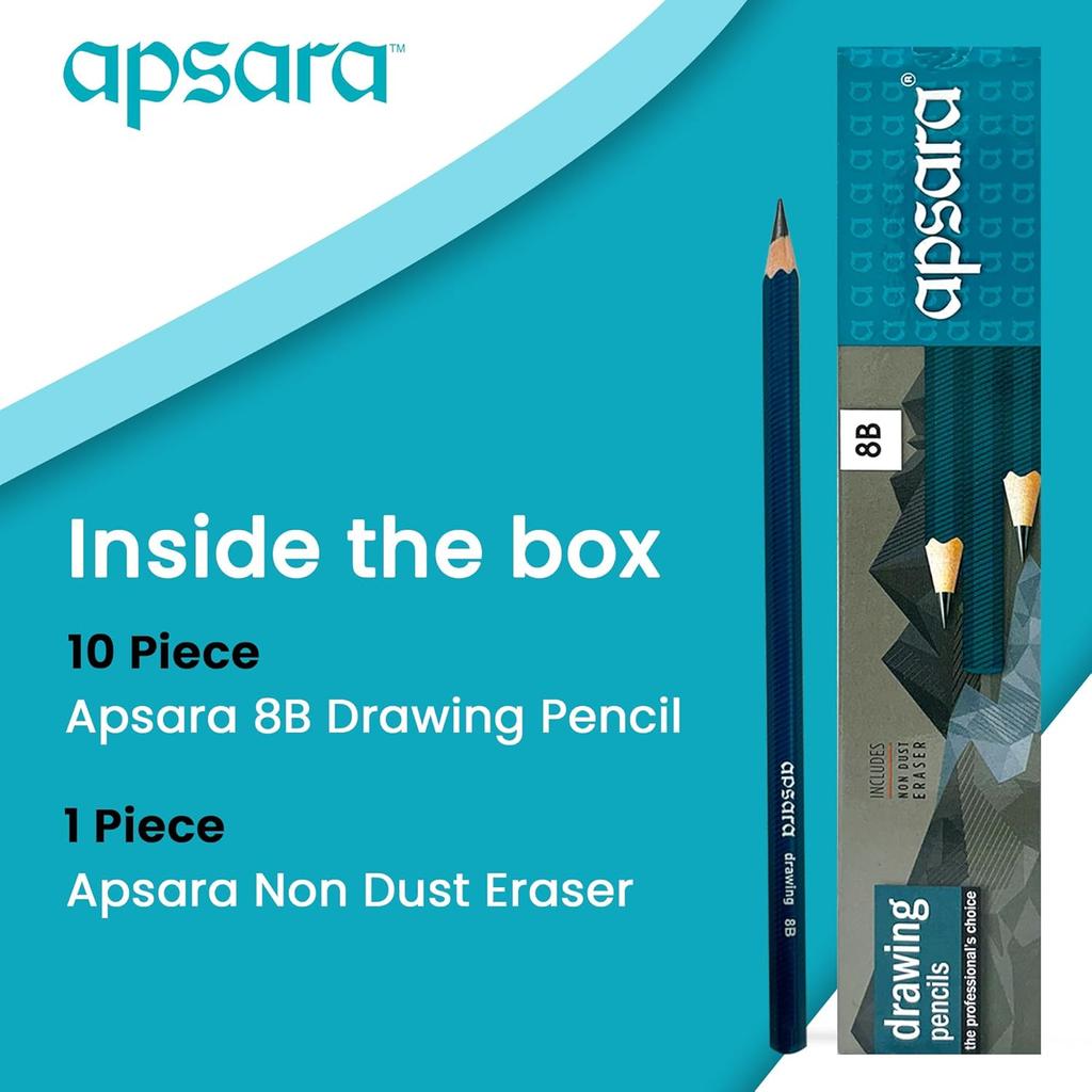 Apsara Drawing Pencils 8B Set Pack of 1 (10 Pcs) Special Impregnated Lead for Sketching, Shading & Drafting Tools Artists