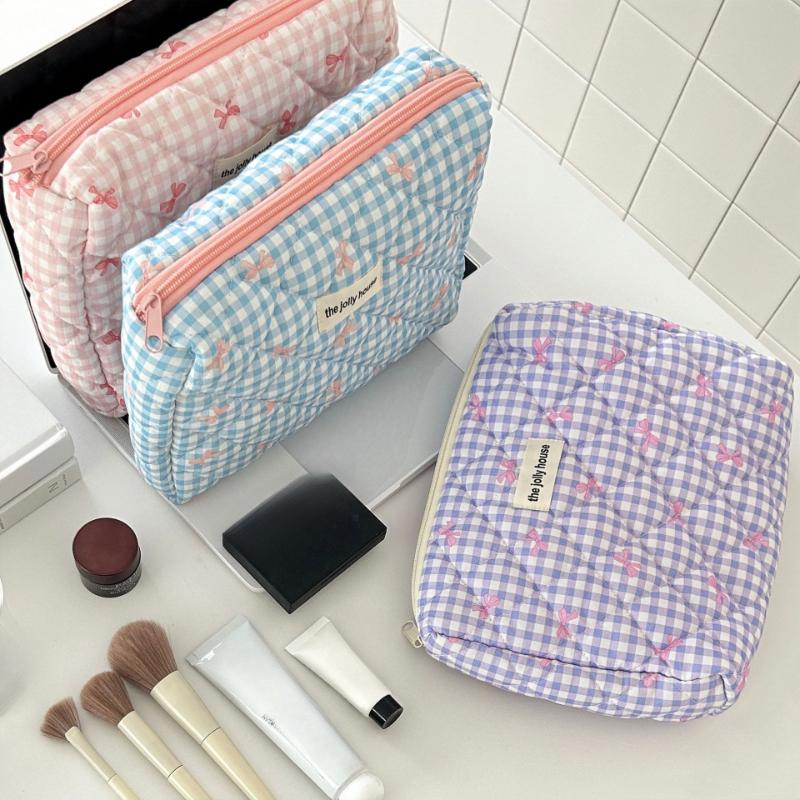 Cute Bow Cotton Makeup Bag Women Zipper Cosmetic Organizer Female Cloth Box Shape Portable Toiletry Case for Girls