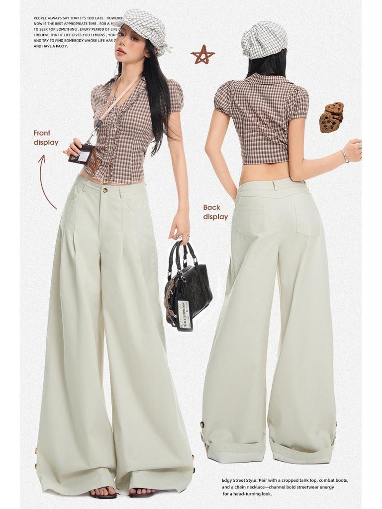 2026 Spring Women's American Style Cuffed Casual Wide Leg Pants - Loose, Comfortable, Slimming Drape