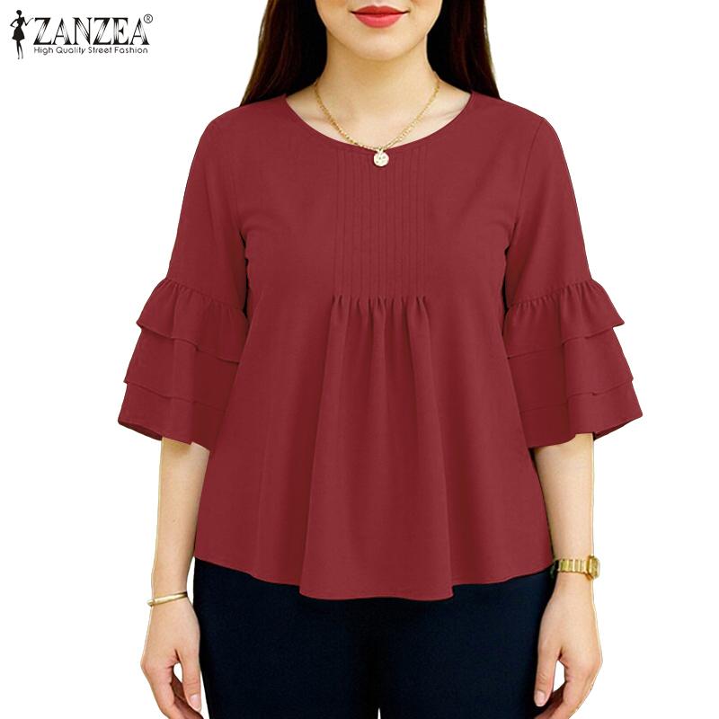 ZANZEA Women Casual Round Neck Solid Color 3/4 Sleeve Loose Blouse