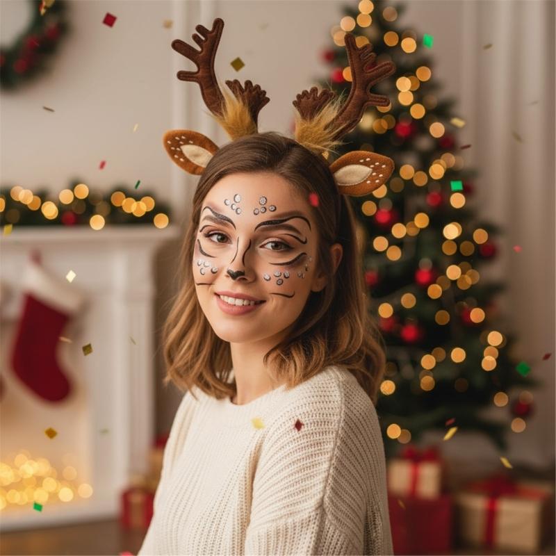 Festive Reindeer Antler Headband Set Includes Decorative Stickers Comfortable Cloth For Kids Adults Christmas Event