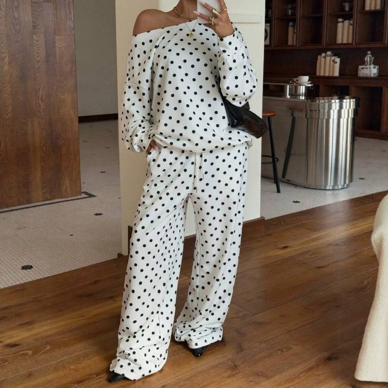 Womens Polka Dot Print Off Shoulder Long Sleeve Loose Casual Two Piece Sweatshirt Pant Set