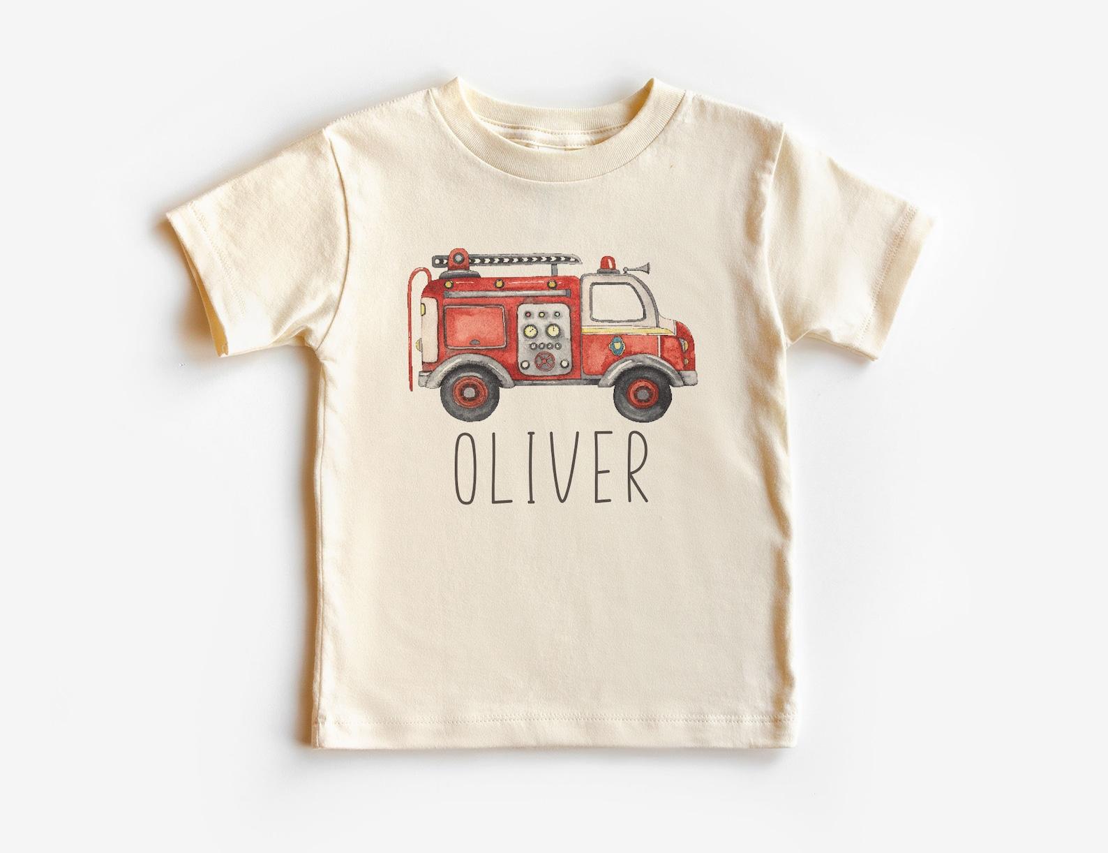 Personalized Fire Truck Unisex Shirt - Cute Custom Name Firefighter Tee - Boho Natural Kids Shirts 120