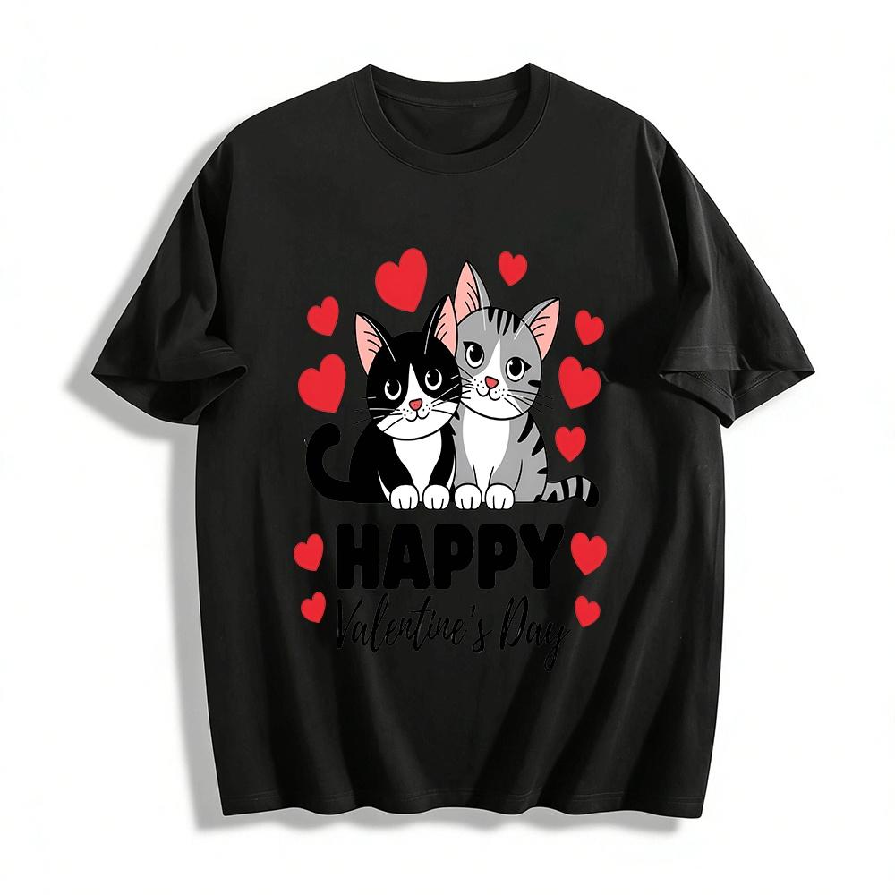 Happy Valentines Day Cute Cats Hearts Print Casual Top Pure cotton T-shirt XXS