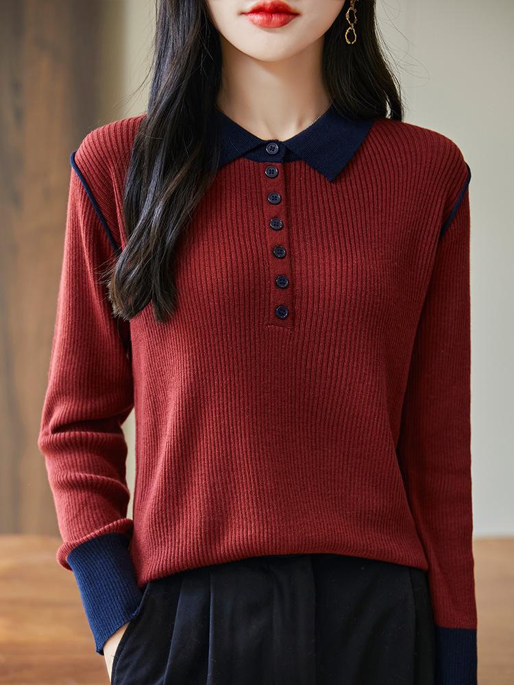 Color-Block Wool Knit Long Sleeve Polo Sweater