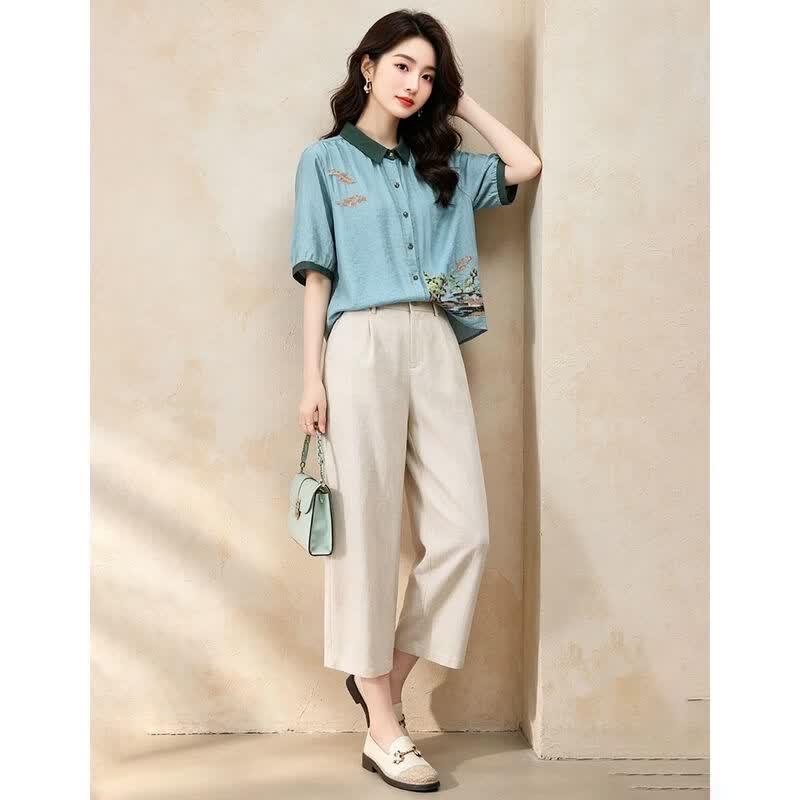 D.F.DEAR Women's New Chinese Style Embroidered Shirt & Capri Set