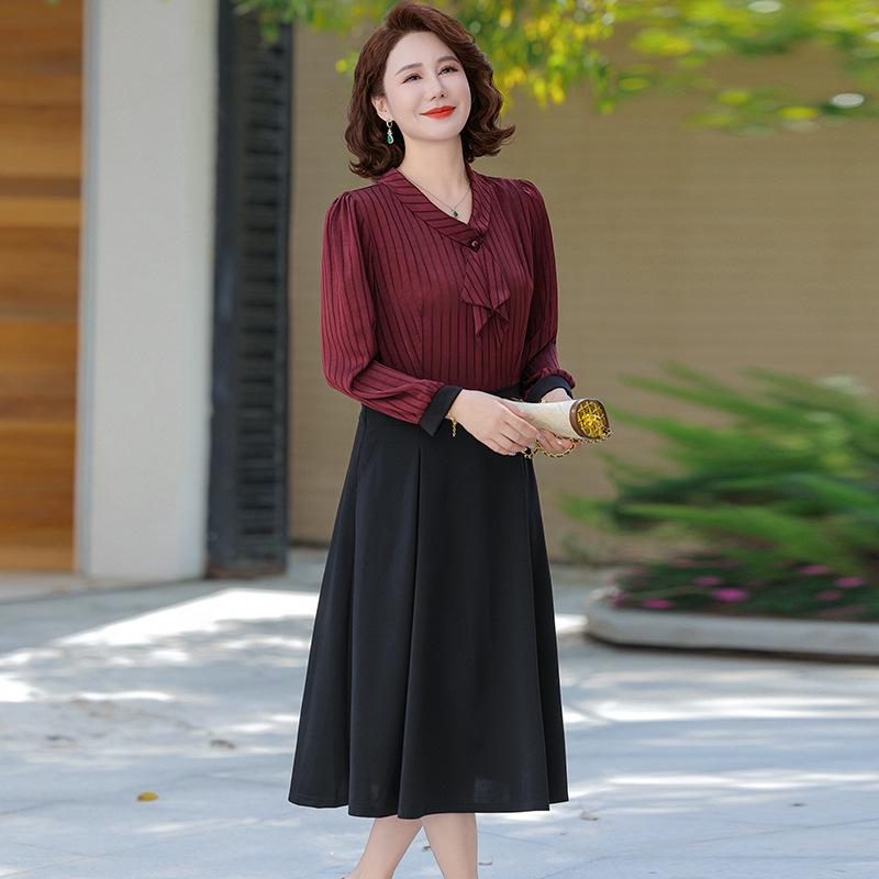 Trendy Autumn Long-Sleeve Fake Two-Piece Dress for Middle-Aged Women 2025