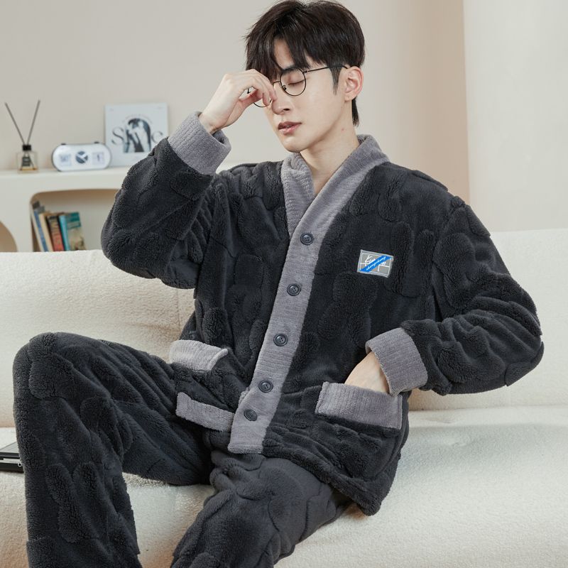 

2pcs Set Autumn and Winter Flannel Men s Pajamas Warm Long Sleeve Long Pants Plus Velvet Thickened Home Clothes 3XL
