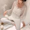 French Vintage Lace Women Pajamas Two-piece Suits Women Long Sleeve Ruffles Pants Princess Sleepwear Relaxed Fit Leisure Home Suit