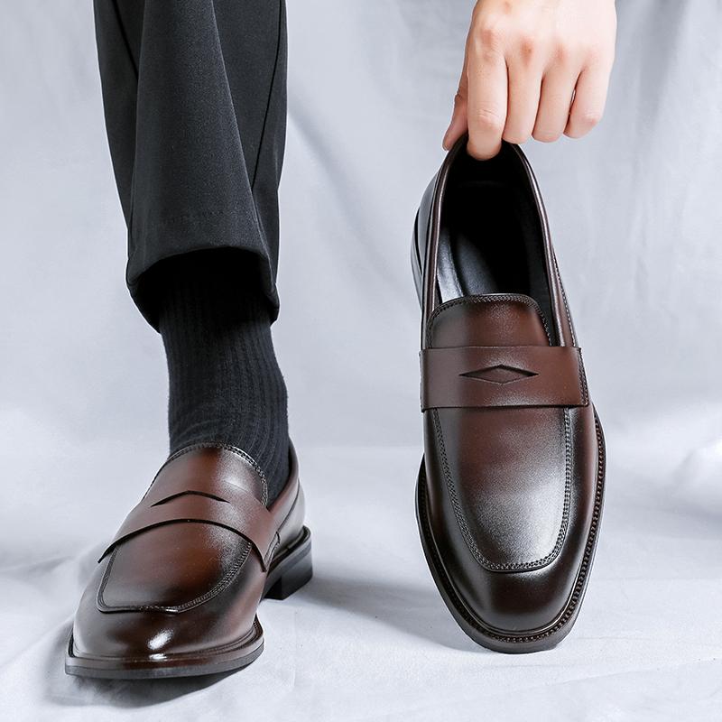 Disparo físico Primavera Nuevo Estilo Casual de Negocios Mocasines de Cuero Puntiagudos Negro Marrón Para el Uso Diario de Oficina de Hombres Zapatos sin Cordones