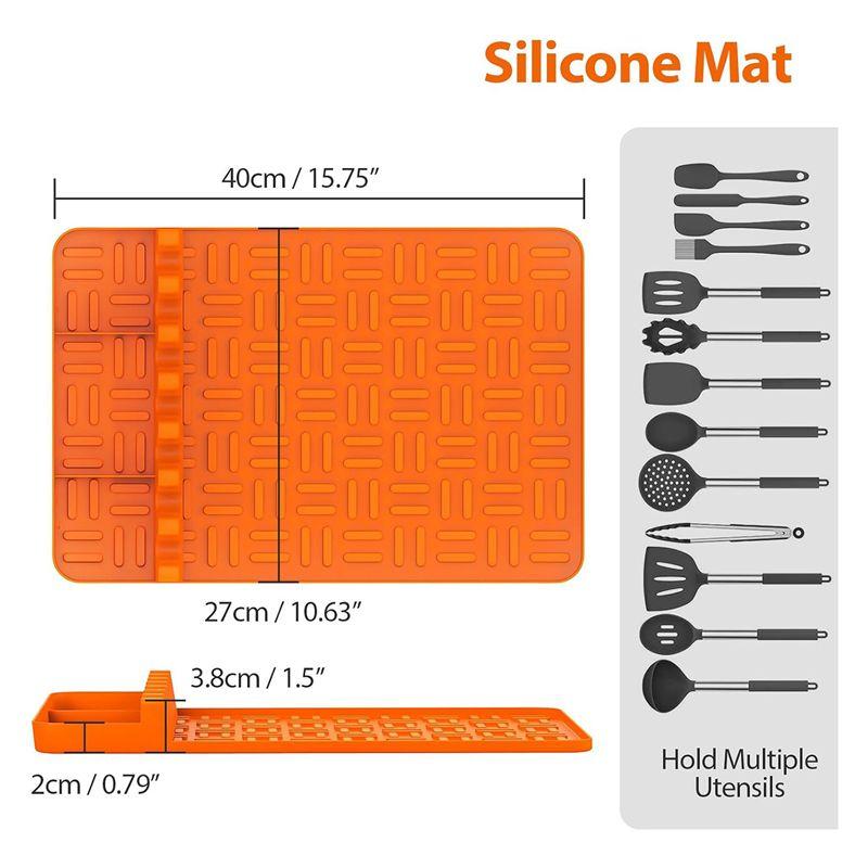 AEE4-Silicone Griddle Tools Mat ,Spatula Mat With Drip Pad,Side Shelf Mat Grill Utensils Holder Griddle Accessories