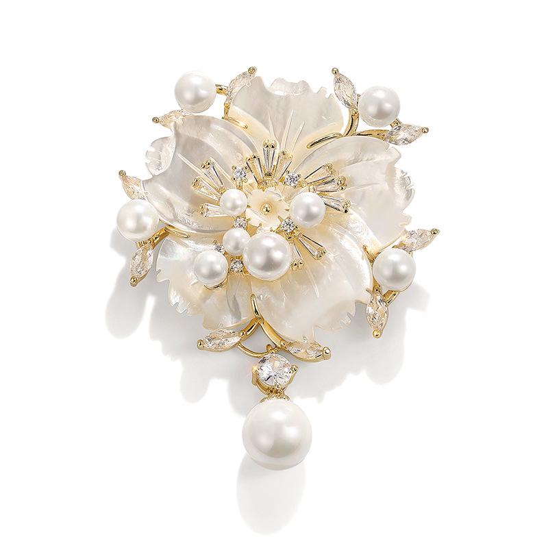 Cherry Blossom Zircon Shell Copper Brooch - Elegant Women s Accessories Pin