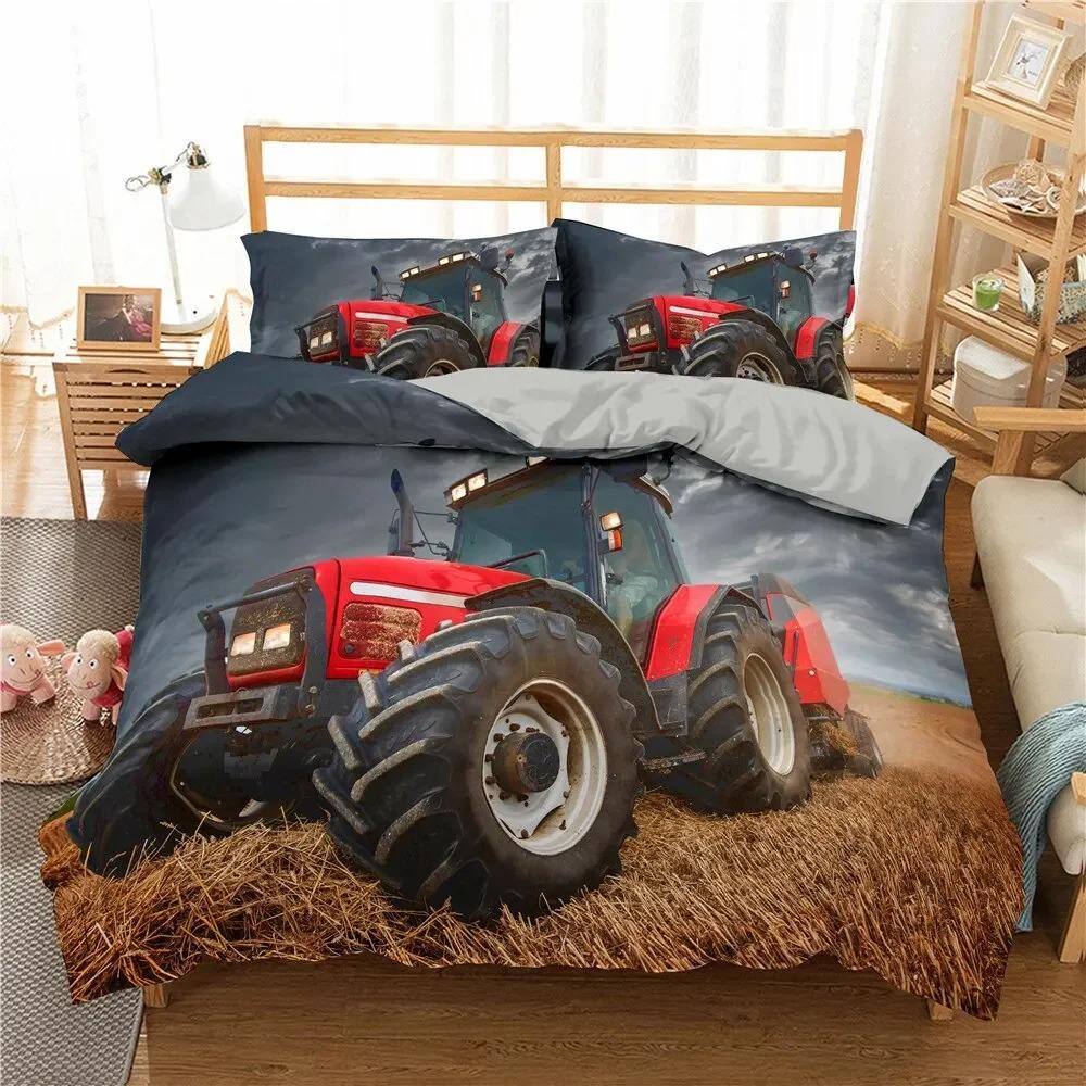 Retro Tractor King Queen Duvet Cover Automotive Bedding Set Engineering Vehicle Quilt Cover Farm Tool Cart 3D Polyester Quilt Cover