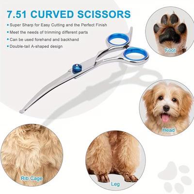 Set de Tijeras para Aseo de Mascotas con Puntas Redondas de Seguridad, Tijeras de Acero Inoxidable para Aseo de Perros y Gatos, Tijeras Curvas y Rectas de Recorte para Mascotas