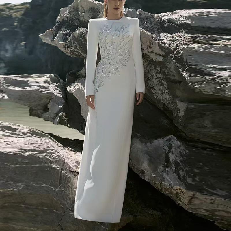 European Hand-Beaded Diamond Bodycon Long-Sleeve Banquet Bandage Dress