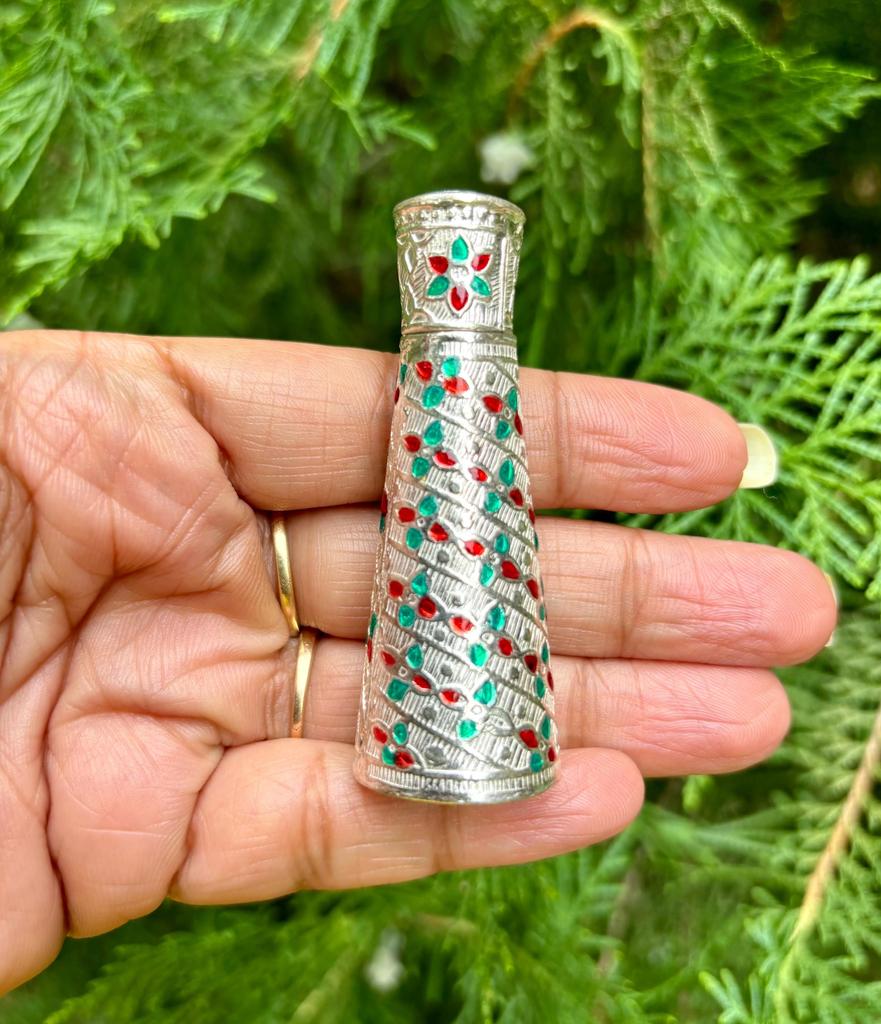 999 Silver Handmade Dry Kajal Box, Surma Kumkum Sindoor Container, Sindur dani dibbi, Elongated Enamelled, 6 cm length, Temple Pooja