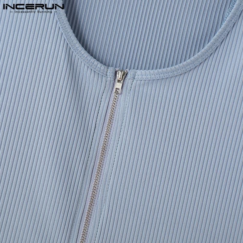 INCERUN Letní pánské bez rukávů s výřezy na zip jednobarevné ležérní žebrované tílko