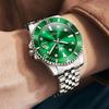 OLEVS Men's Quartz Analog Watch Waterproof Silver Stainless Steel Band Green Large Dial Business Fashion Watch