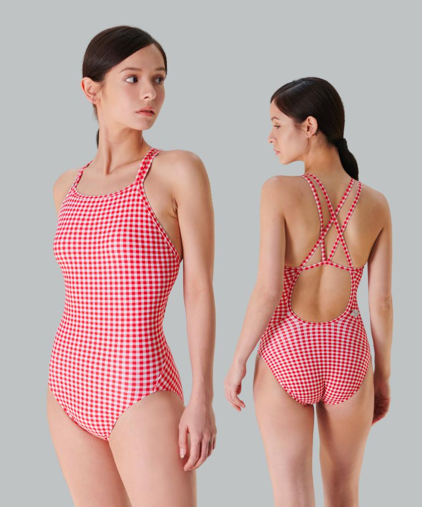 Jeteseu Women'S Double Strap Crossbody One-Piece Swimsuit Pure Check Red L9A6004