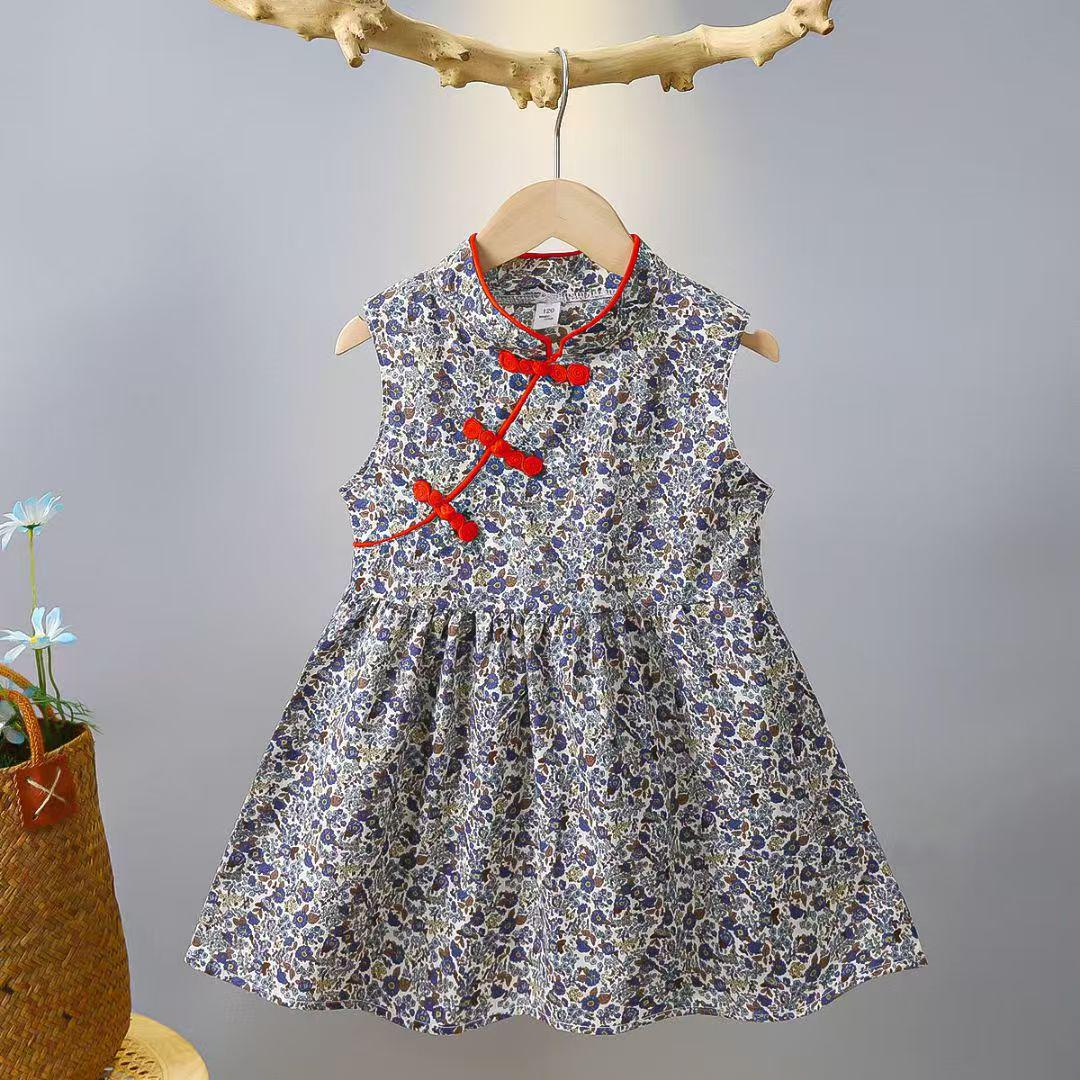 Girls Cotton Summer Floral Princess Cheongsam Dress - Ancient Chinese Style for Toddlers & Kids 90cm
