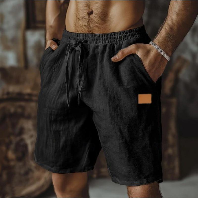 Bavlněné a lněné šortky se stahovací elastickou pasovkou, rovné nohavice, jednobarevné, prodyšné, denní, plážové, pětiminutové, ležérní pánské šortky