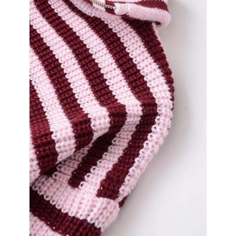 Frühling Damen Locker Fauler Stil Pullover Cardigan Ausgestellter Revers Langarm Doppelkettenstreifen Strickmantel