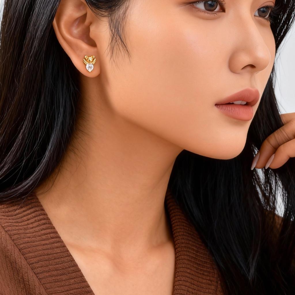 Unique Heart Shaped Zircon Stud Earrings,Women's Electroplated Angel Bear Earrings,Stainless Steel Ear Bone Nails Jewelry Gift