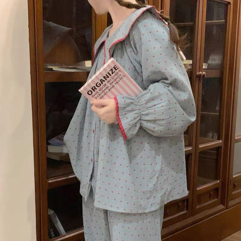 Women's Cloud Cotton Polka Dot Pajama Set with Peter Pan Collar and Lace Trim