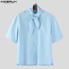 INCERUN Oversized Men Tie Neck Solid Color Buttons Casual Shirts