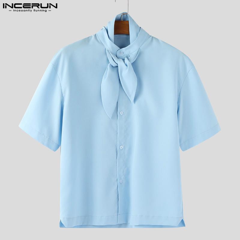 INCERUN Oversized Men Tie Neck Solid Color Buttons Casual Shirts