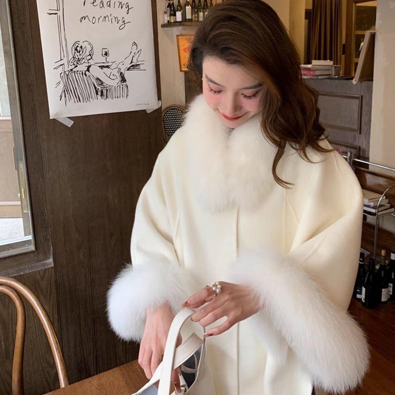 Cape Korean Shawl Wool Coat with Detachable Fur Collar - Women's Small, 2024 Autumn/Winter Fashion
