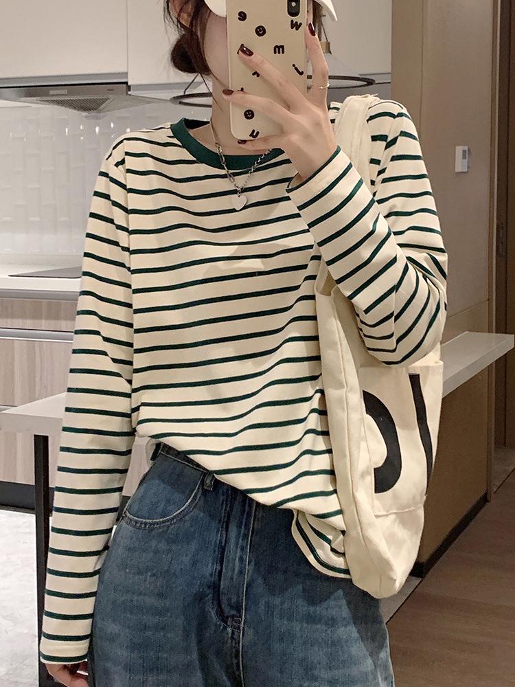2026 Women's Plus Size Loose Cotton Red Striped Long Sleeve T-shirt for Spring, Autumn, and Summer
