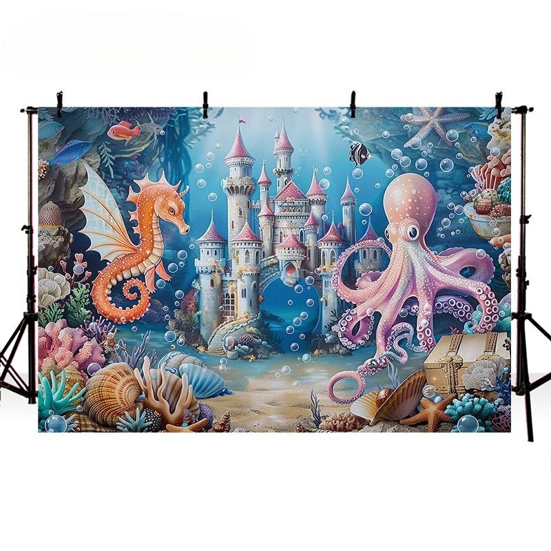 Underwater World Backdrop Summer Mermaid Ocean Castle Kid Birthday Party Cake Smash Decor Banner Photography Background
