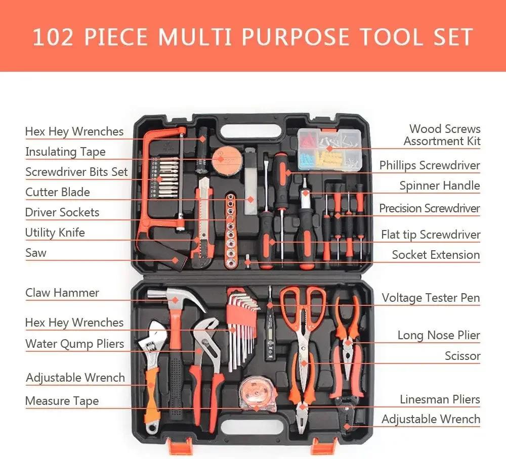 102PCS Household Tool Set Hardware Tool Box Electrician's Hardware Set Car Repairing Tools Woodworking Tools Combination Set
