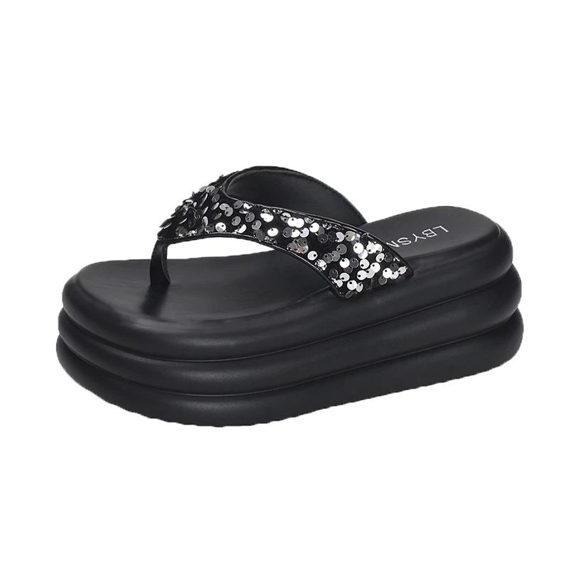 Comfortable Platform Flip Flop Slipper for Women Summer New Sequin Toe Clip High Thick Sole Anti Slip Sandals Outdoor Beach Shoe
