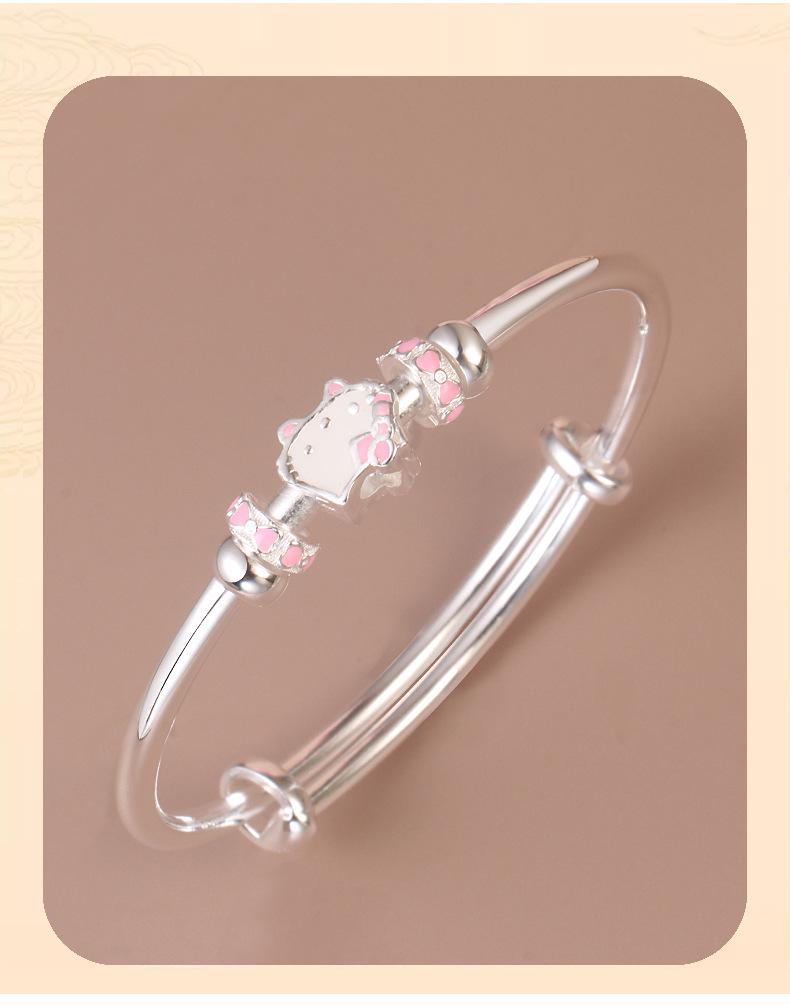 Sterling Silver Cartoon Kitten Bracelet for Girls (Ages 4-15) - Push-Pull Design