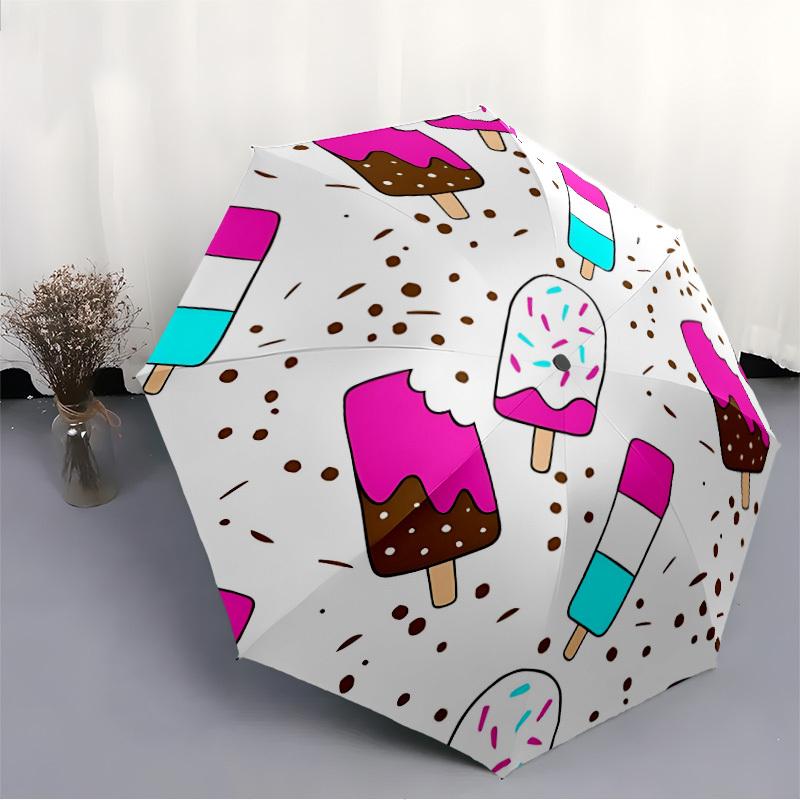 1pc Ice Cream Pattern Automatic Opening/Closing Folding Umbrella with 105 Ribs, Plastic Handle, Windproof Portable Sunshade Umbrella Hallowe