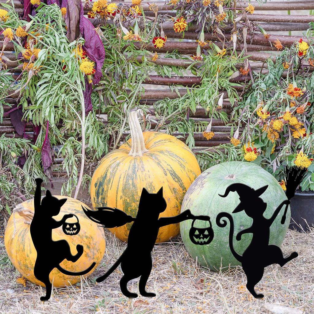 1Pc Iron Black Cat Garden Decoration Ground Plug, Halloween Garden Pile, Halloween Cat Logo, Dancing Cat Garden Decoration, Halloween Outdoor Decorat