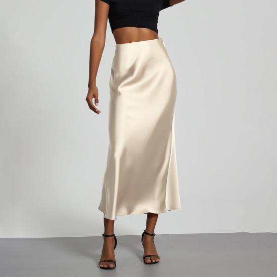 Women Midi Skirt Mid-rise A-Line Solid Color Fishtail Skirt Smooth Fabric Office Lady Skirt