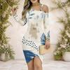 Women Plus Size Colorful Printed Cold Shoulder Long Sleeve Chain Strap Bodycon Dress