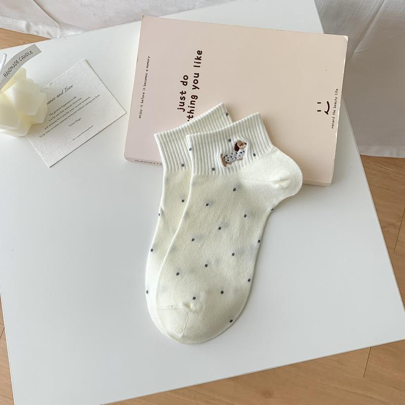 Women's Spring and Summer Thin Versatile Preppy Cute Polka Dot Embroidered Cotton Breathable Short Tube Socks
