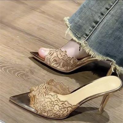 Foreign Style High Heels Female Internet Celebrity Explosion Thin Embroidery Stiletto Shoes Champagne Gold Embroidery High Heel Cool Slippers