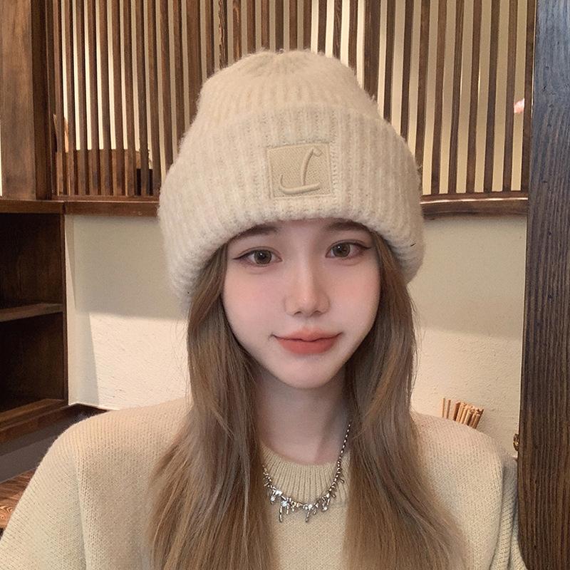 Big head circumference wool hat women's autumn and winter loose warm pile cold hat big face small knitted ear hat
