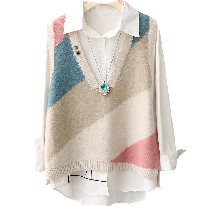 Dam Färgblock V-ringad Stickad Väst Pullover Ärmlös Lager-på-lager Tröja