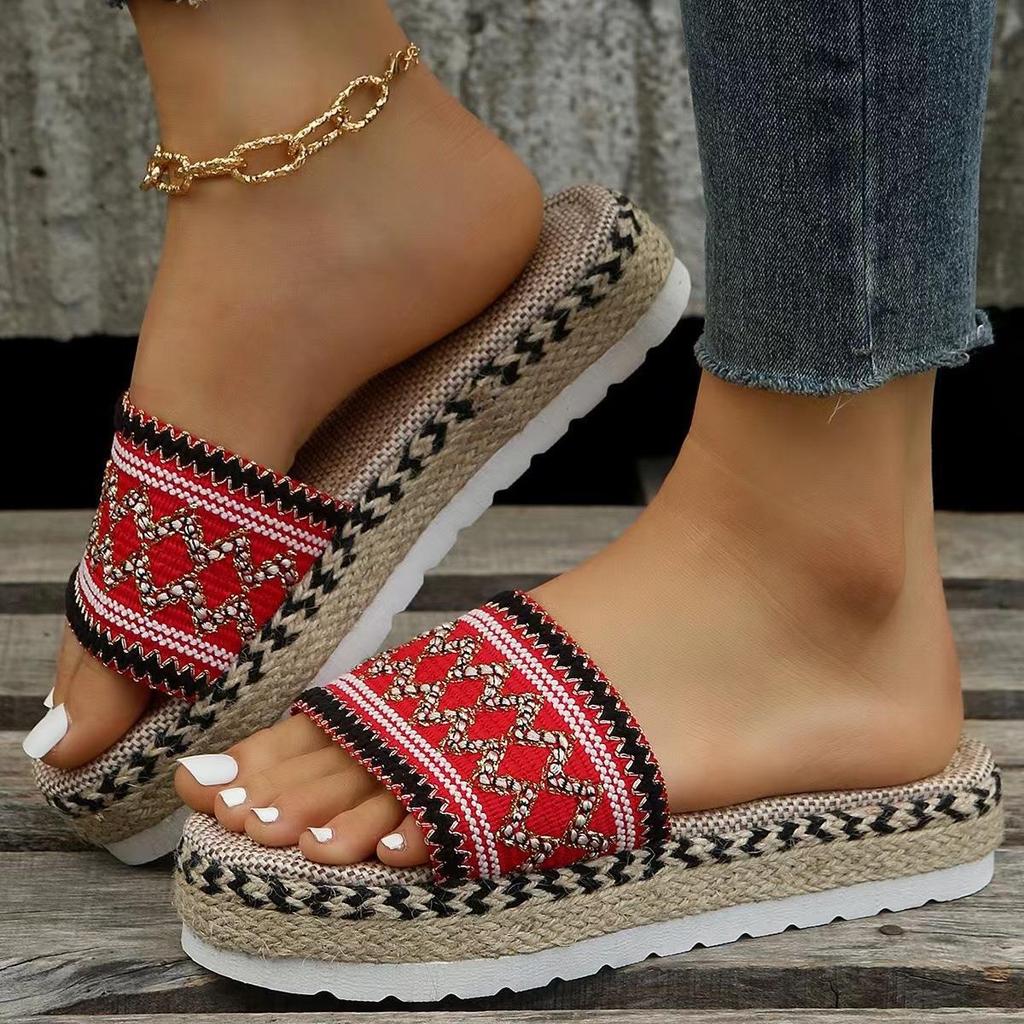 Ethnic Style Large Size Women Thick Bottom Fish Mouth Hemp Rope Candy Color Slippers Manufacturer