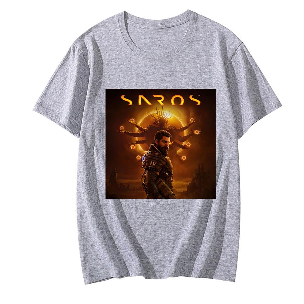 

Игровая футболка Saros с коротким рукавом для лета, футболки с круглым вырезом для женщин/мужчин, повседневные хлопковые футболки, модные топы с графическим принтом XS серый
