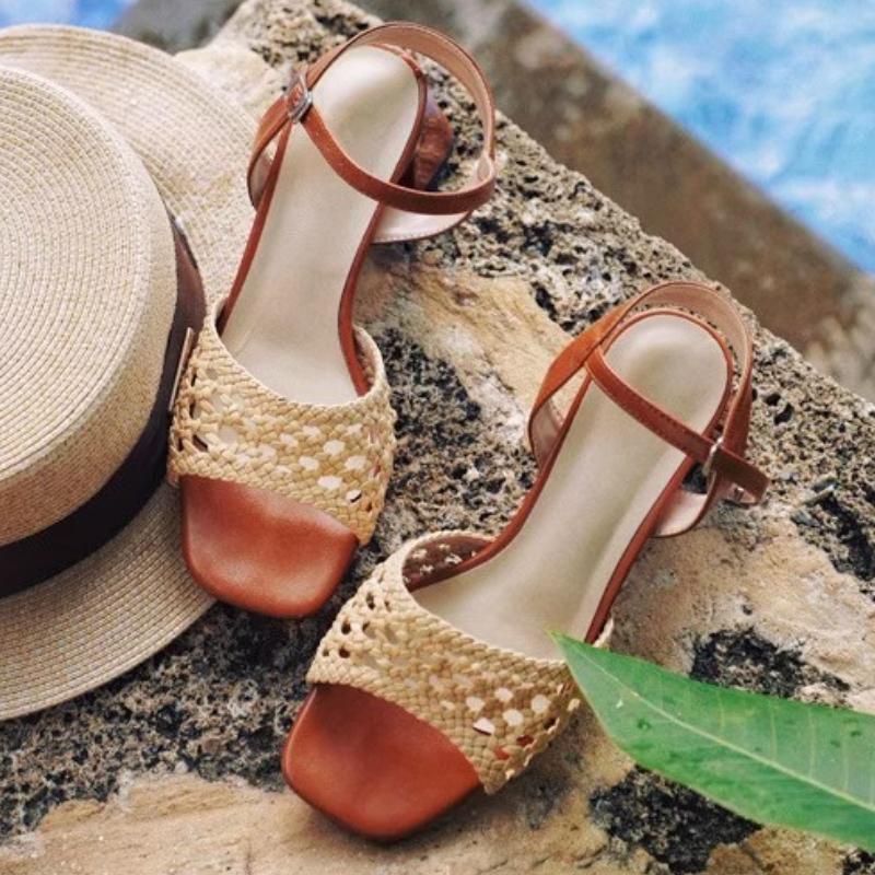 Fashion Fashion Handmade Woven High Heel Sandals Women Retro Ankle Strap Bow Buckle Brand Designer Shoes Cozy Breathable Dresses Dresses